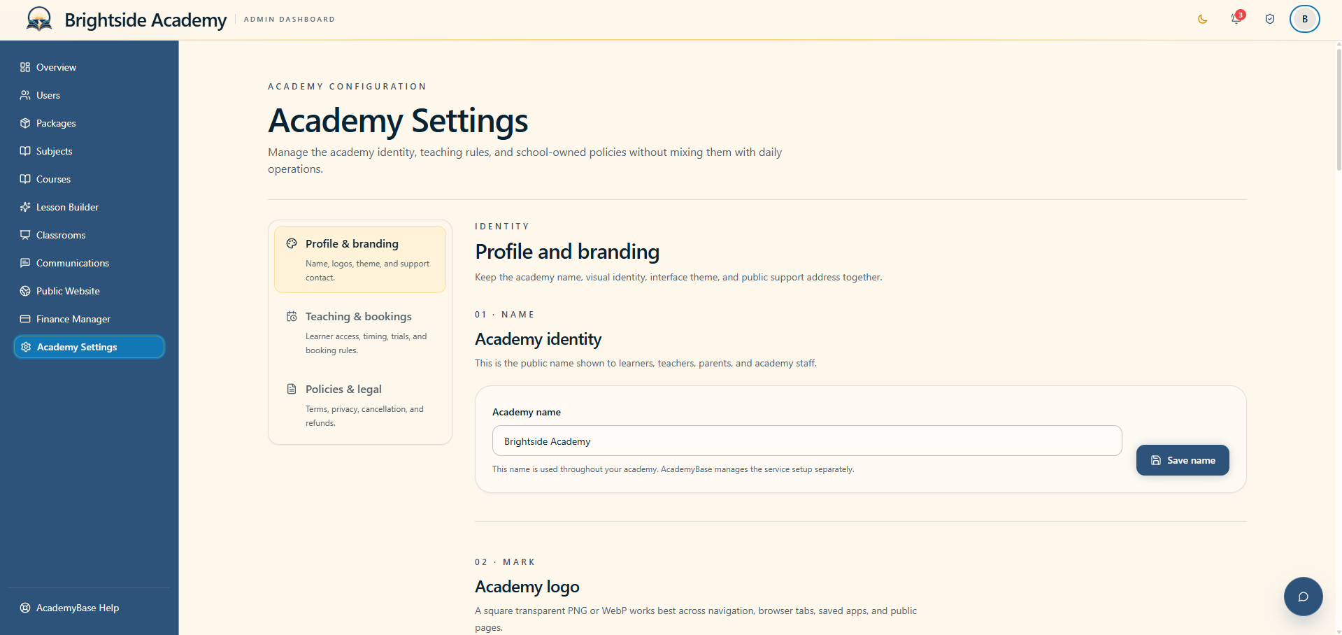 Academy identity settings with academy name