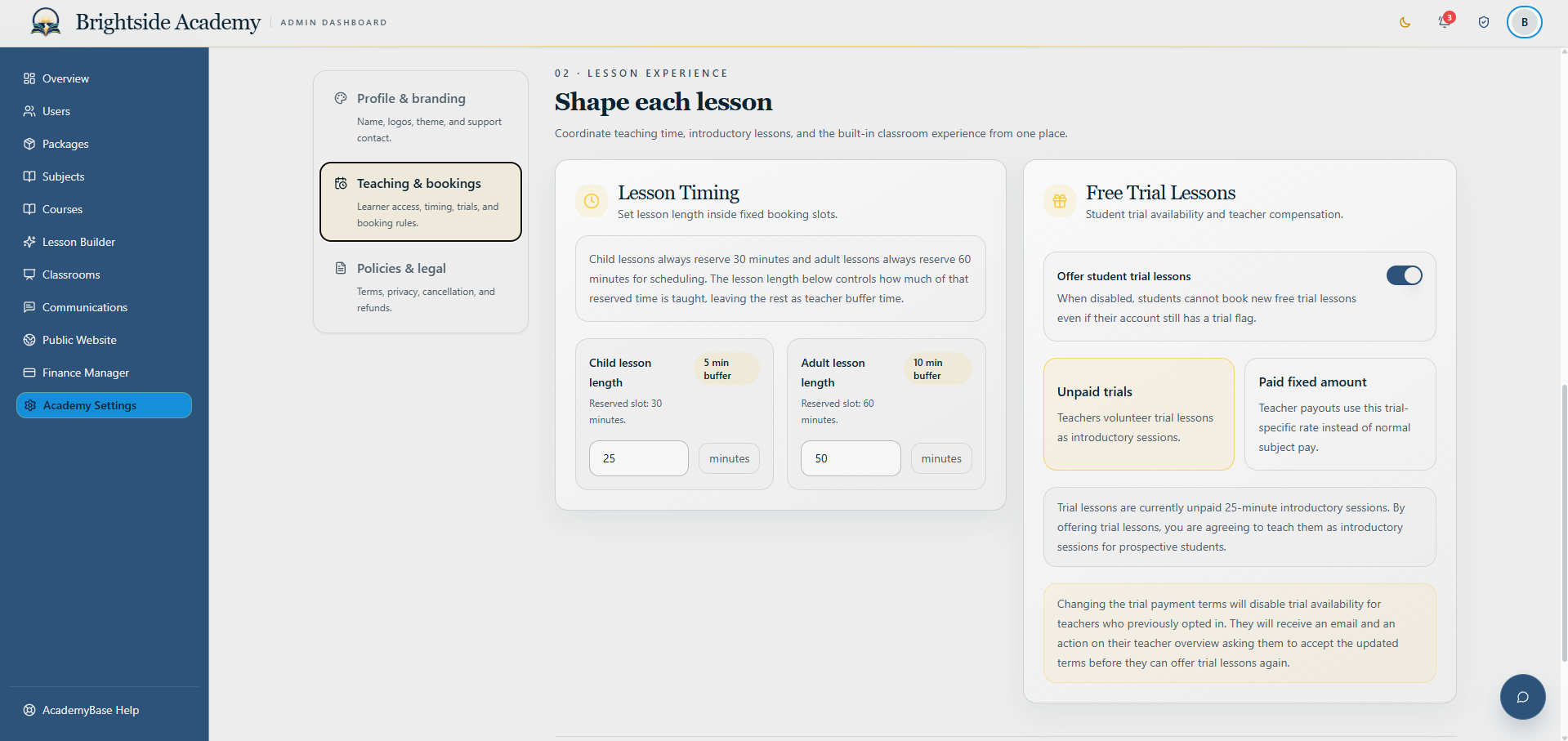 Lesson timing and trial lesson settings