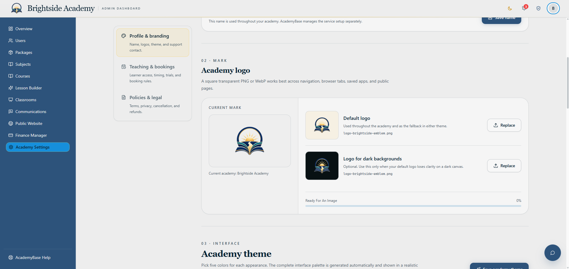Academy logo management and theme preview
