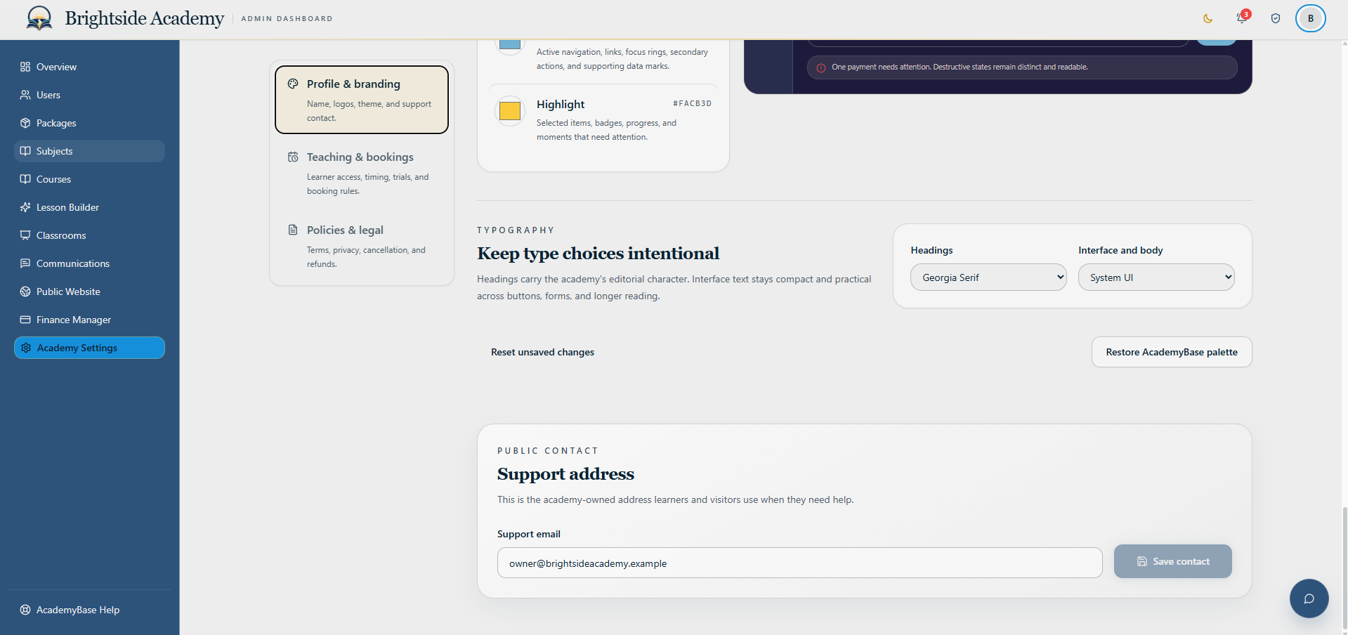 Academy type and support email settings