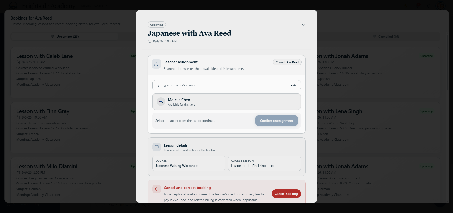 Booking details modal opened from teacher booking management