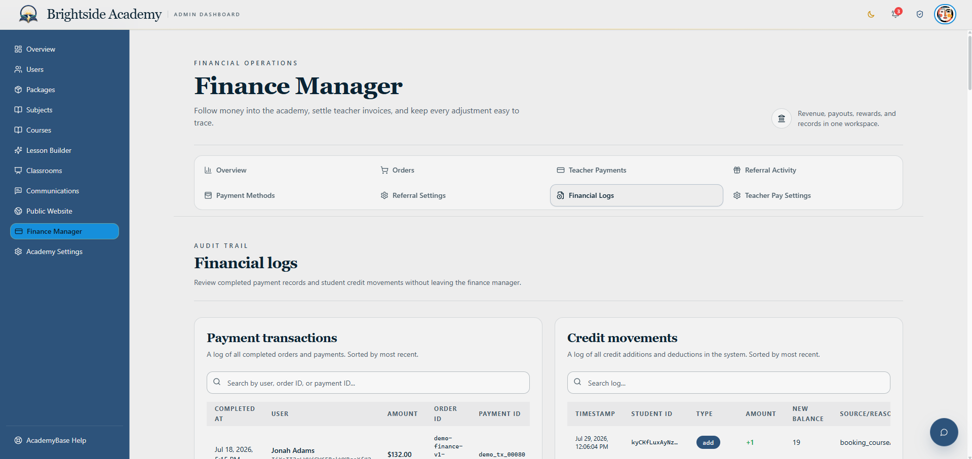 Permanent financial transaction and credit movement logs