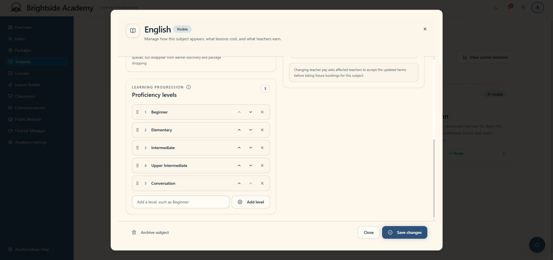 Subject editor showing proficiency levels and catalogue settings