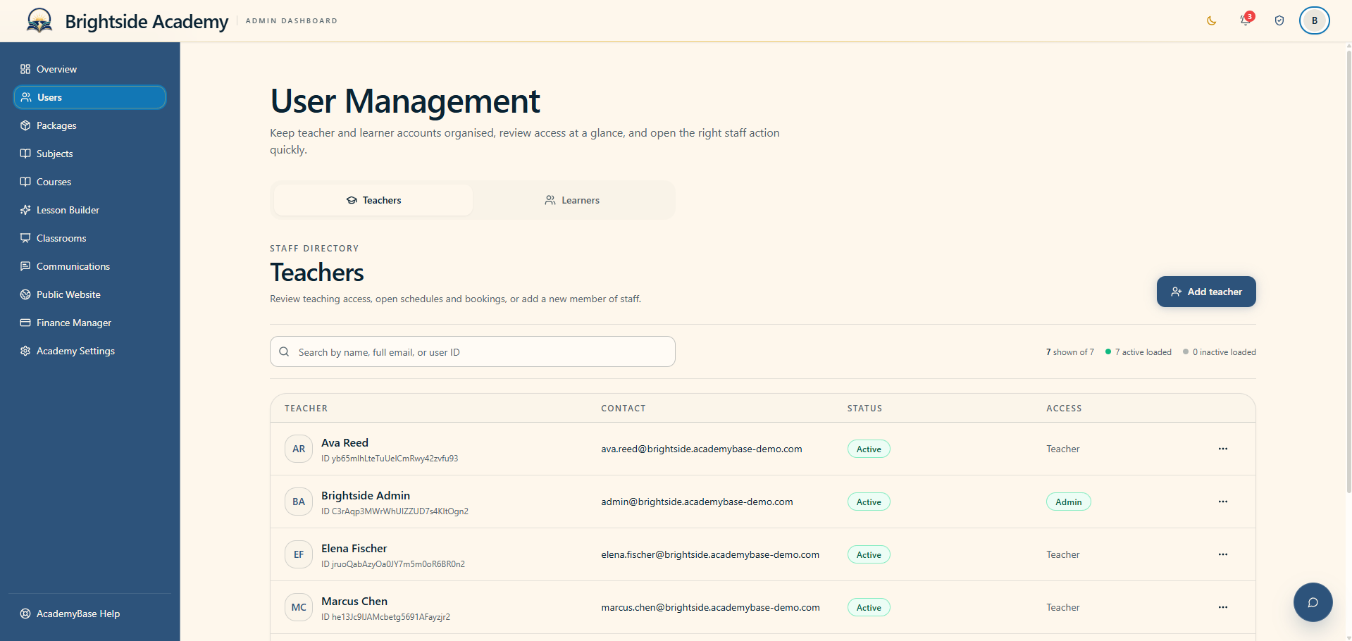 User management page showing the academy teacher directory