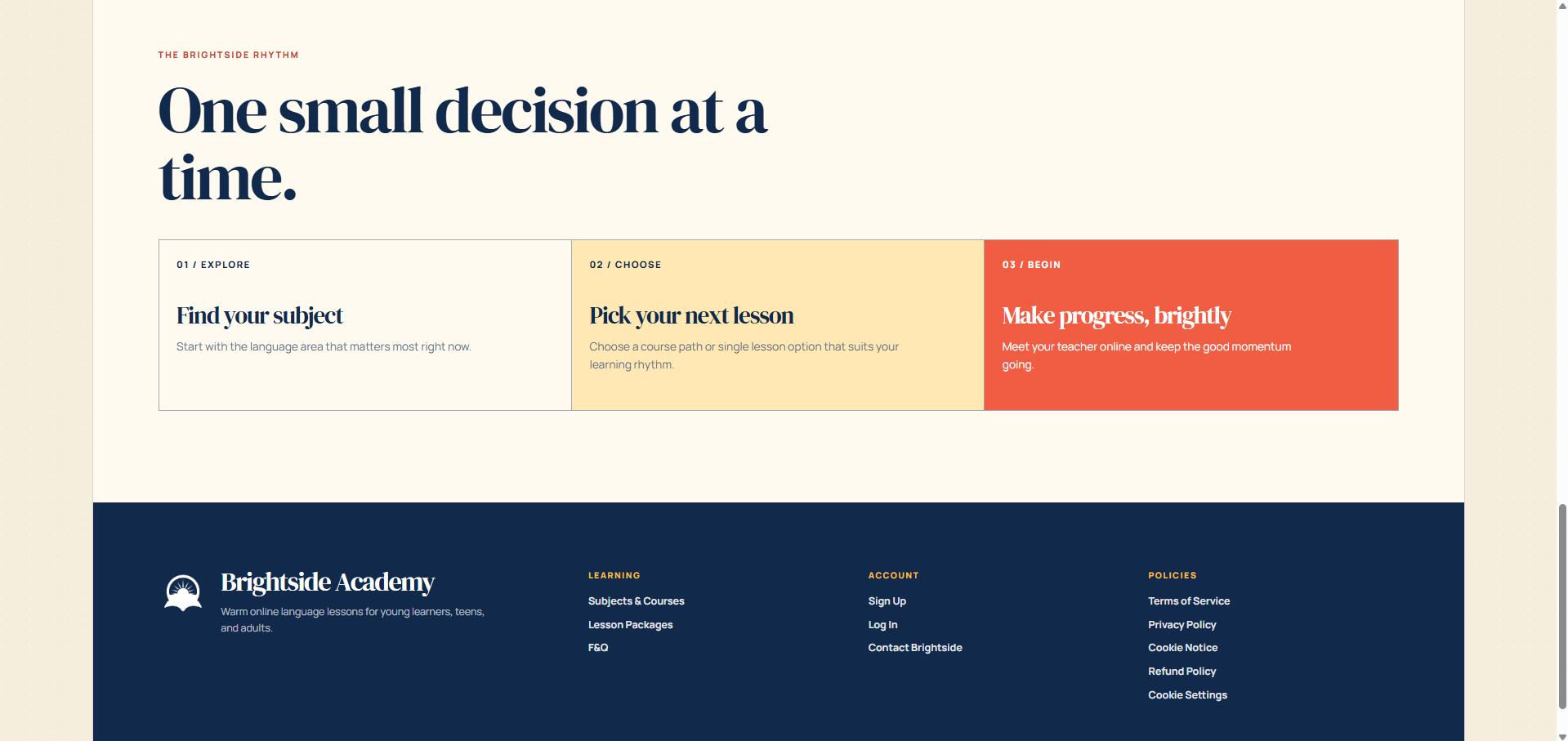 Brightside Academy homepage final call to action and footer