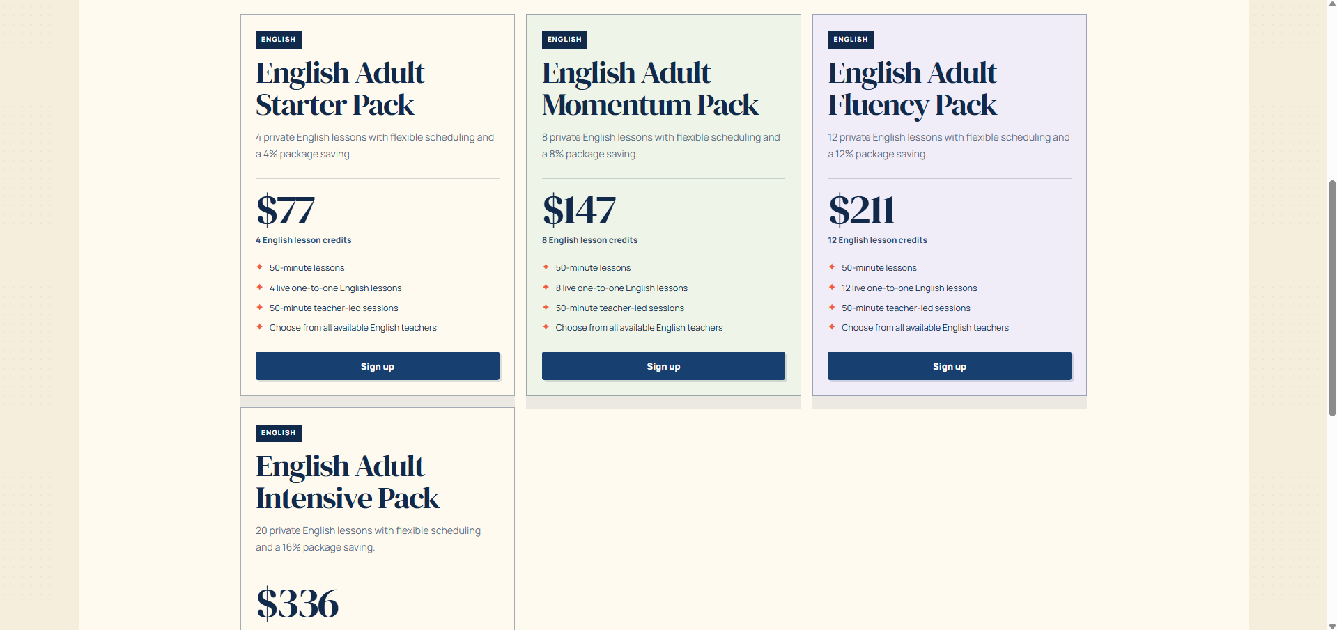 Brightside Academy adult English package cards