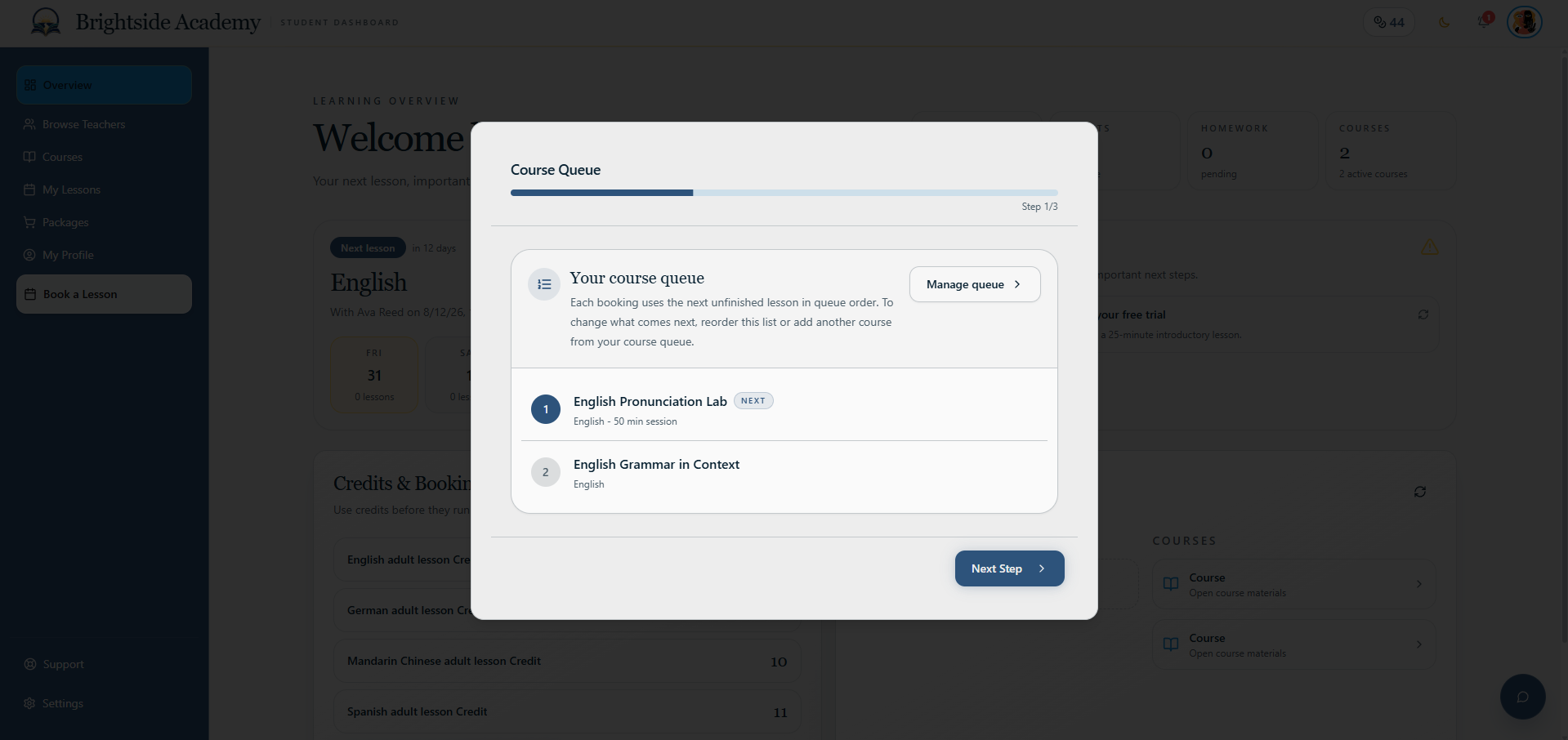 Lesson booking step one showing course selection