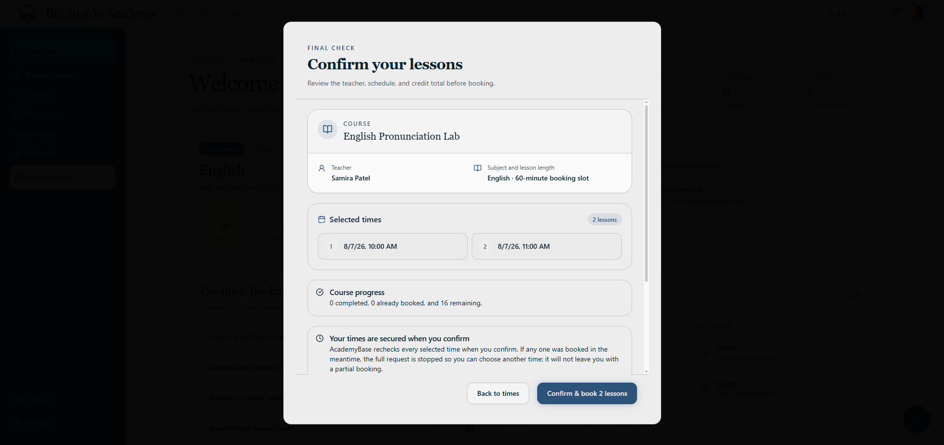 Lesson booking confirmation with course, teacher and time summary