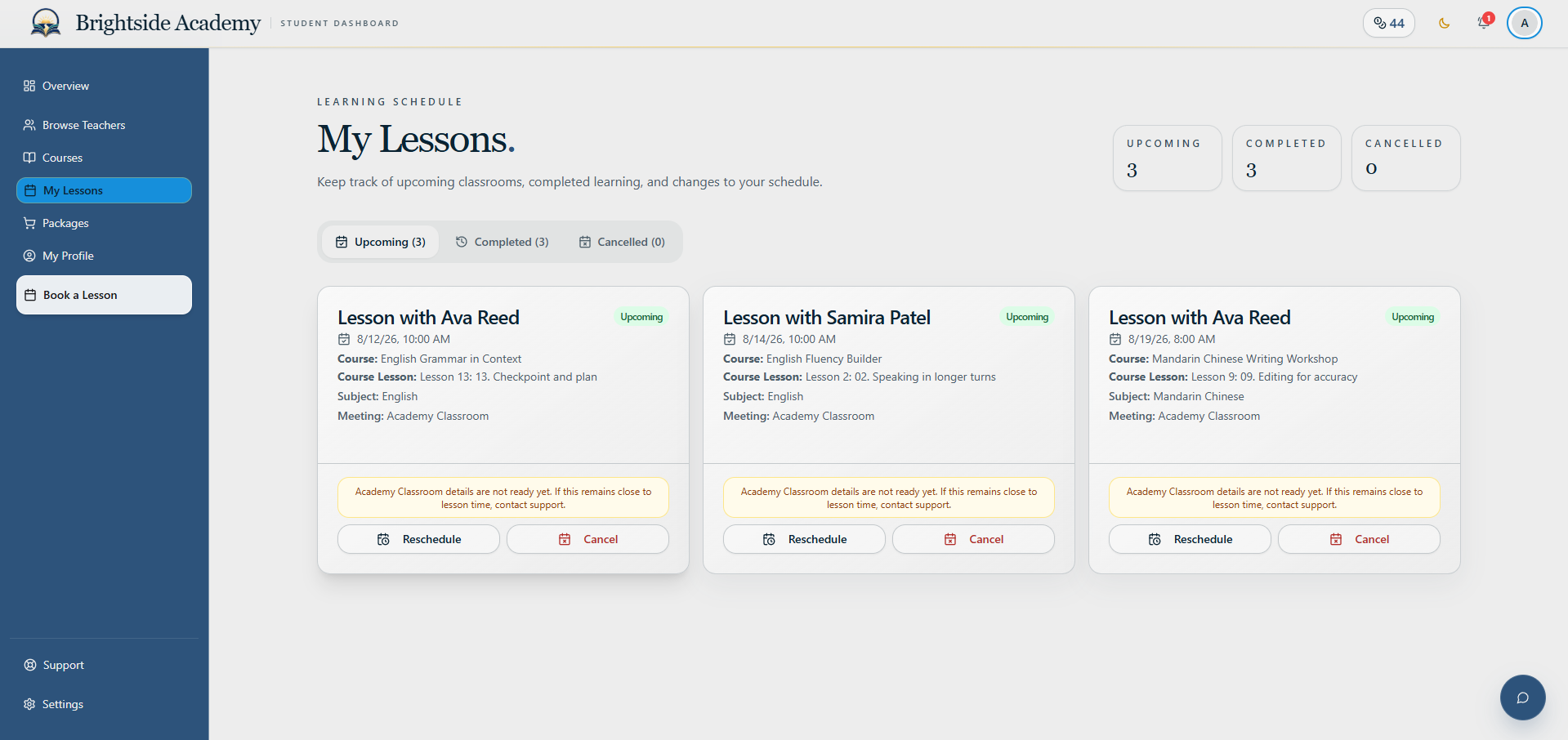 Learner My Lessons page with upcoming lesson cards