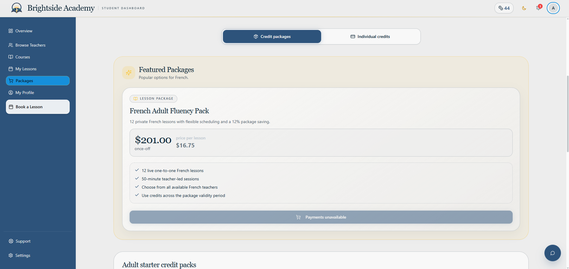 Learner package shop with a featured French package