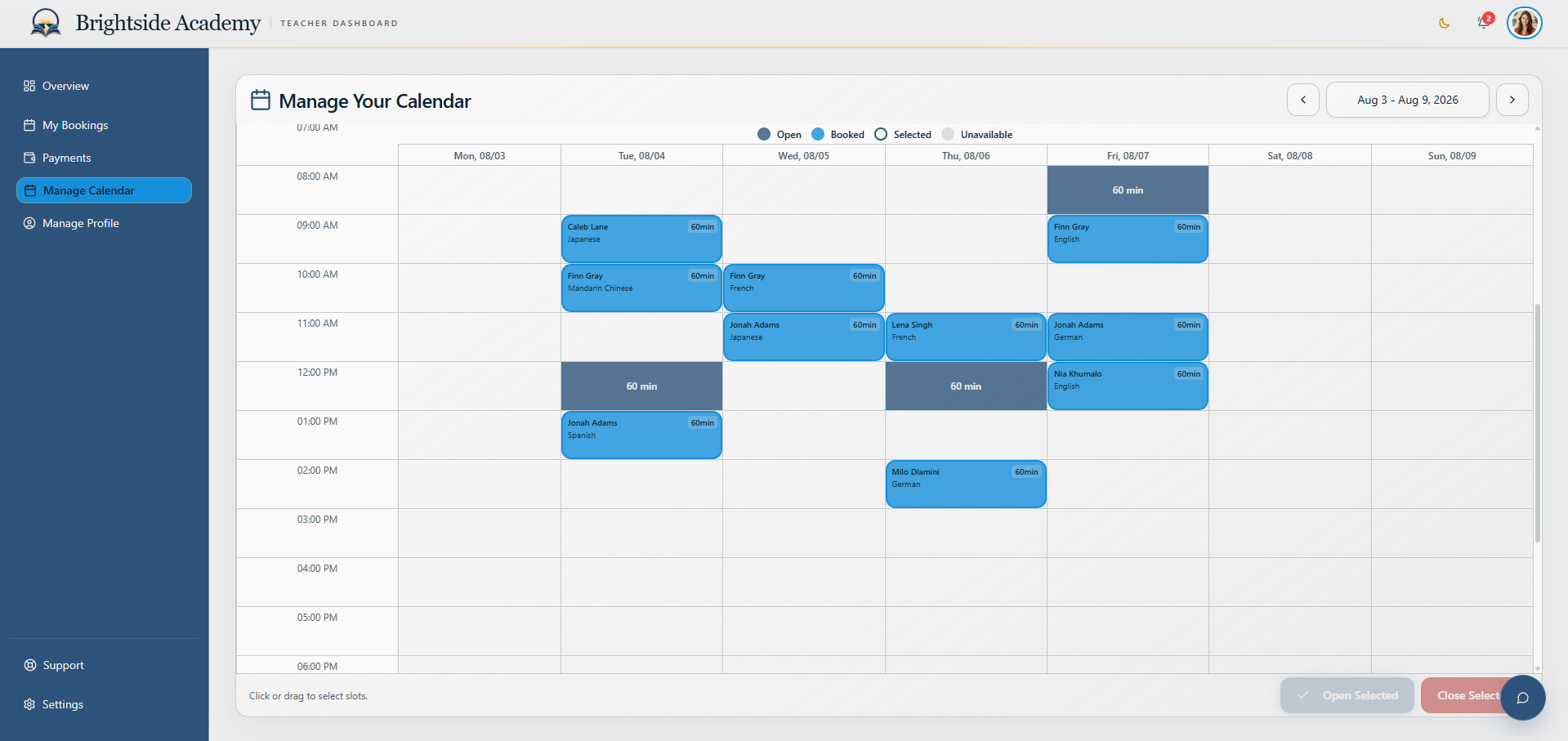 Teacher calendar with available time and lessons