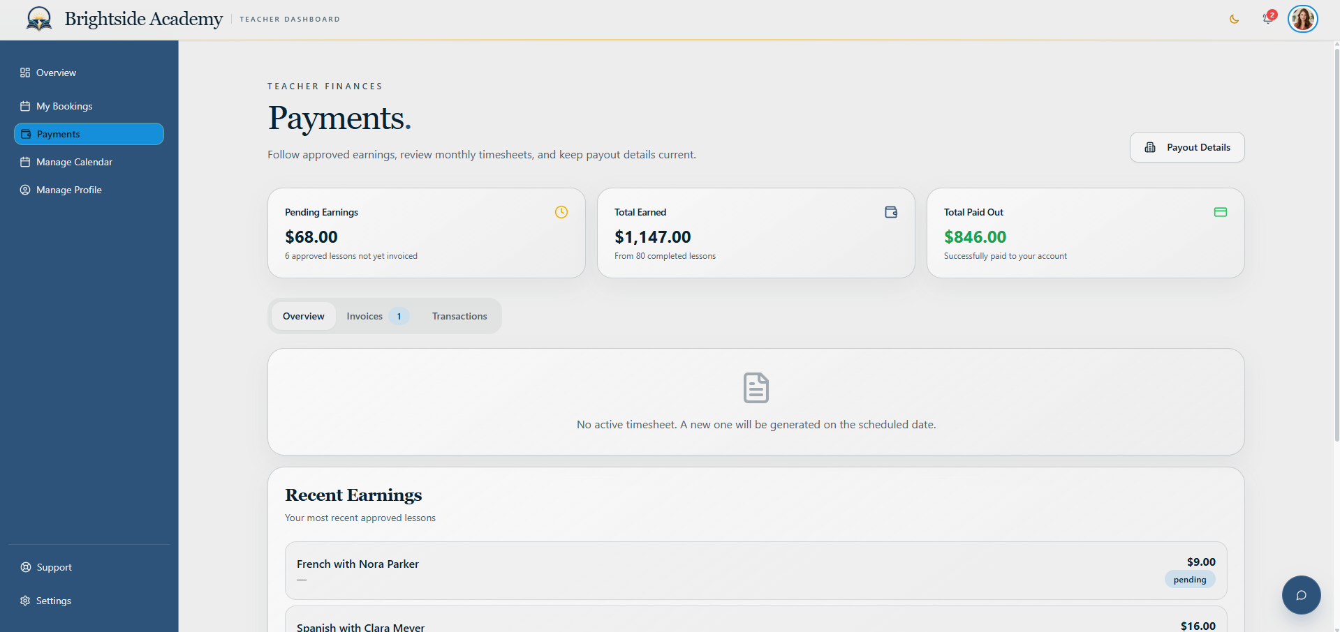 Teacher payments dashboard with earnings and recent activity